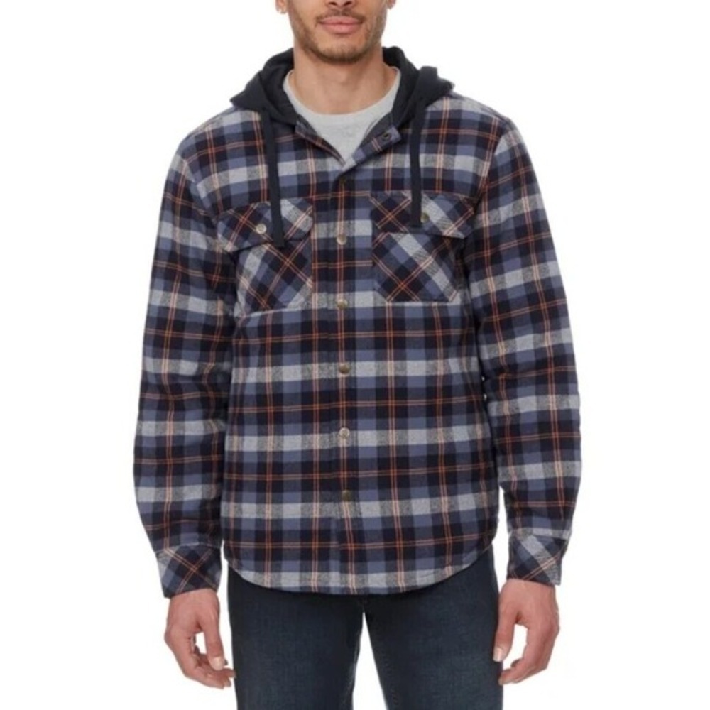 Legendary Outfitters‎ Mens Shirt Jacket Blue Multicolor Plaid Hood Pockets, Sz M